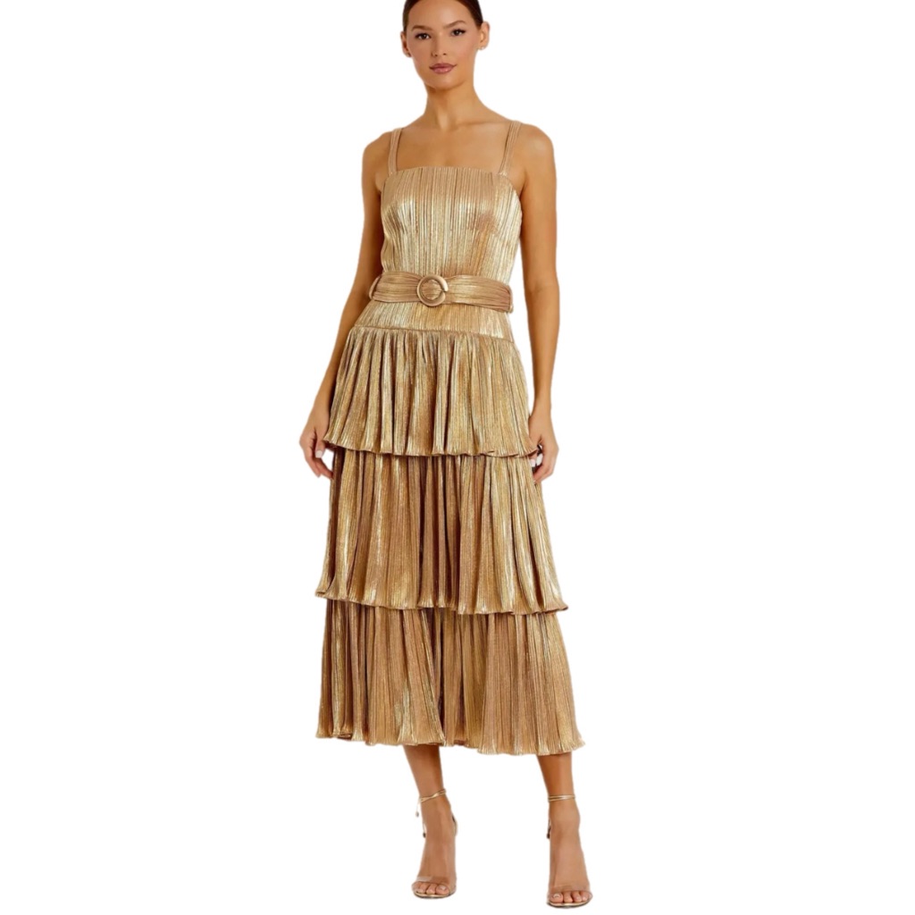 Nwt Mac Duggal Ieena $398 Msrp Metallic Gold Tiered Ruffle Midi Dress Size 8